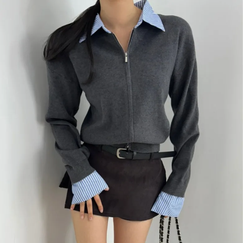 Maglione coreano da donna lavorato a maglia Ne aperto sul davanti Patchwork a righe Falso in due pezzi lungo Sve Autunno Inverno Top