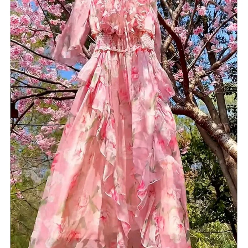 

Sweet Seaside Holiday Pink Chiffon Floral Bottoming Dress for Women