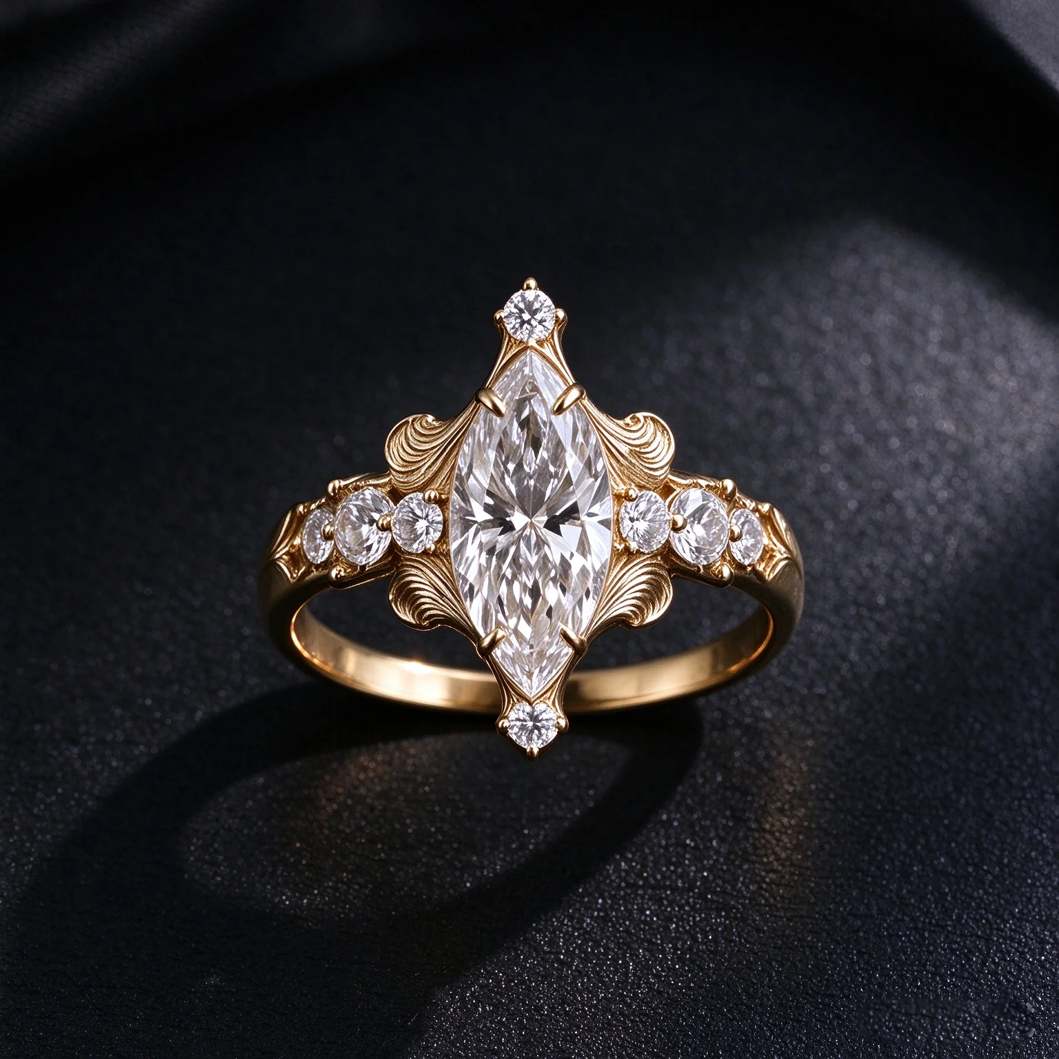 925 Sterling Silver Marquise Cut CZ Engagement Ring for Women Vintage Carved Gold Plated Statement Ring Retro Art Deco Wedding F