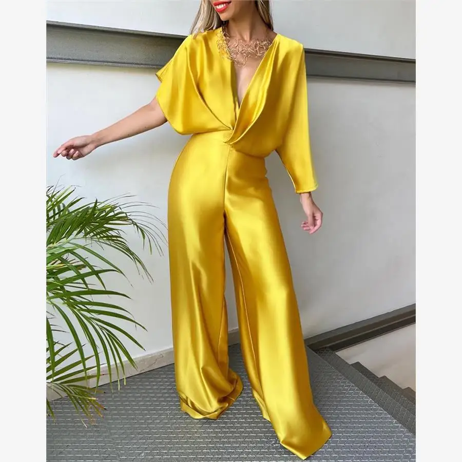 Combinaison asymétrique en Satin à jambes larges pour femmes, taille haute, une pièce, chauve-souris, pantalon décontracté, pour les déplacements, été, Faion