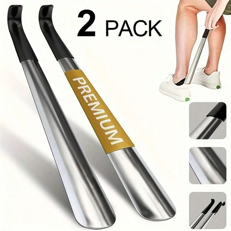 Stainless Steel Shoe Horn 2 Pack, Extra Long 16.14 Inch with Wide Mouth, Easy Slip-On, Durable & Protects Shoes, Gift for Elders