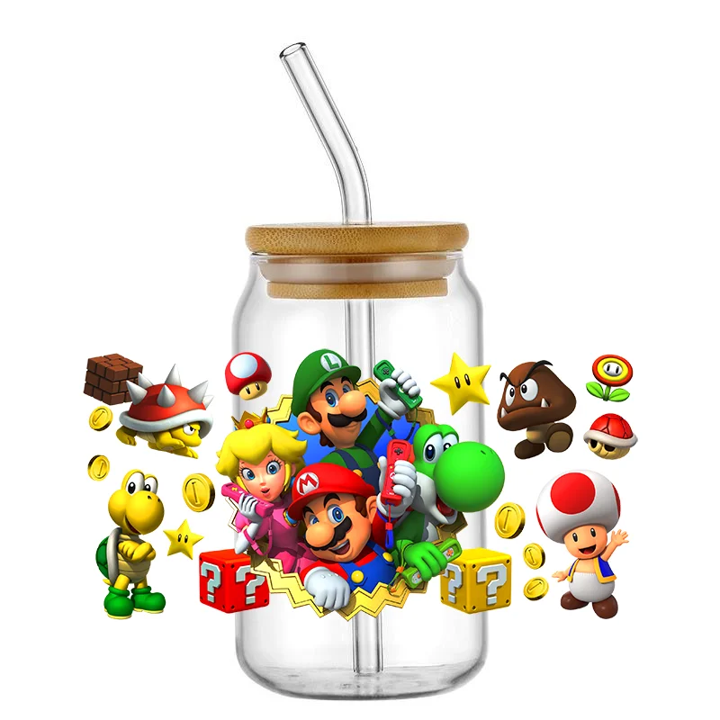 Miniso Super Mario Racing Pattern UV DTF Transfer Sticker Waterproof Transfers Decals For 16oz Glass Cup Wrap Stickers