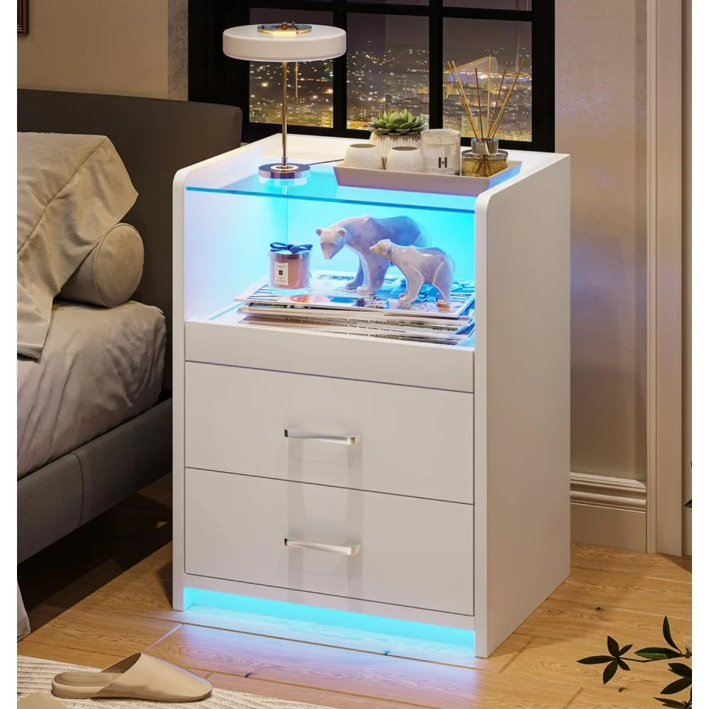 Nightstand Set of 2, 2 Drawers LED with Tempered Glass Tabletop Pull-Out Tray Open Storage Bedside Tables, Nightstand