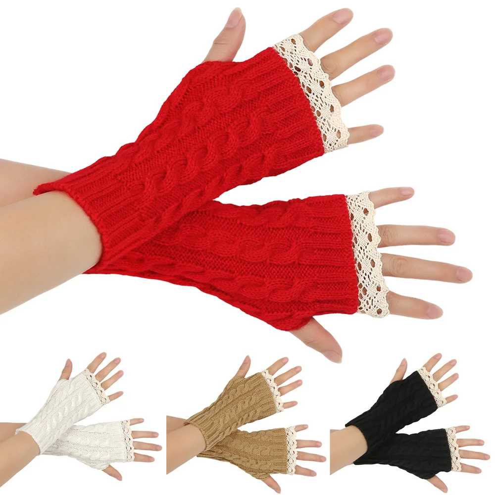 

Женские кружевные перчатки без пальцев, вязаные теплые короткие грелки для покупок, модные осенне-зимние женские прогулочные манжеты с кружевной отделкой на рукавах