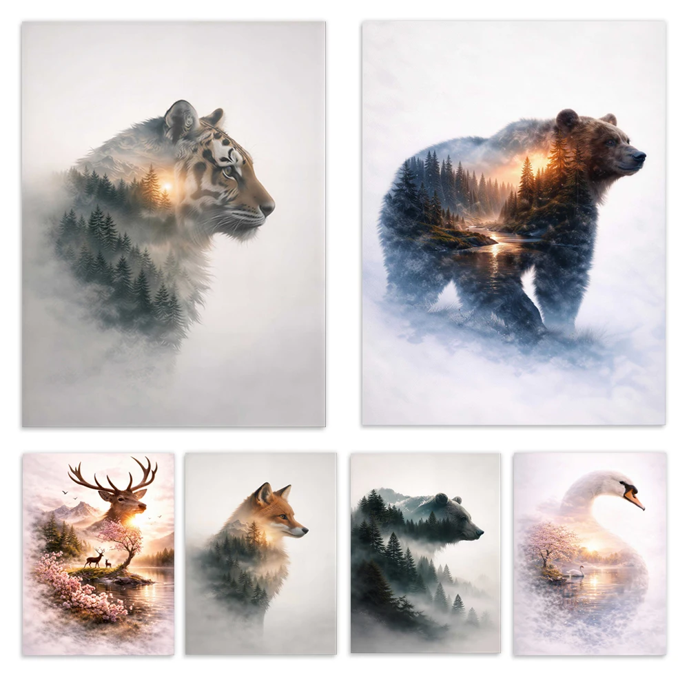 Deer, Bear, Tiger, Wolf, Fox, Swan — Double Exposure Wildlife Prints, Forest Wildlife Canvas Posters, Mountain Nature Art
