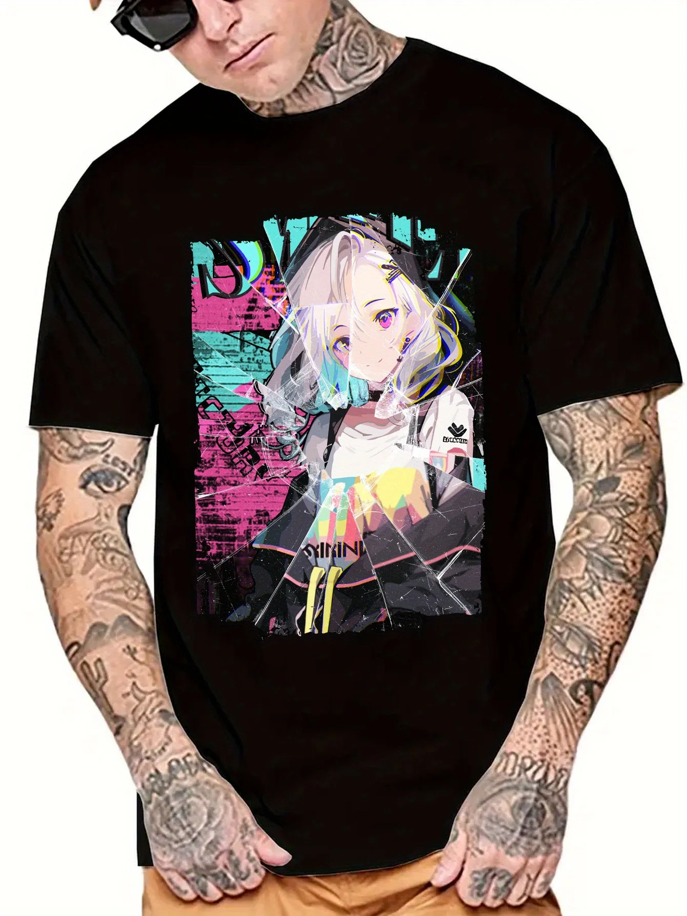 The Anime Girl In The Graffiti Wall, Broken Glass Picture Frame Effect, Four Seasons Short Crew Neck Street Style 100 % Cotton T