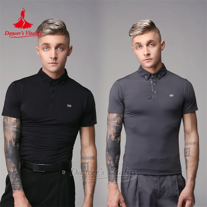 Checkered Collar Chacha Samba Rumba Professional Training T-Shirt Adult Men‘s Social Dance Practise Polo Tops Dancer's Vitality