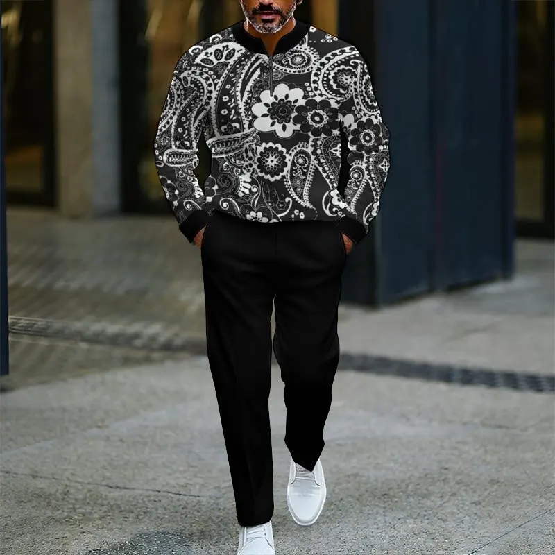 Herbst Winter Neuer Stil Herren Casual Sportanzug mit halbem Reißverschluss Stehkragen Kastanienblumenmuster für Freizeitaktivitäten