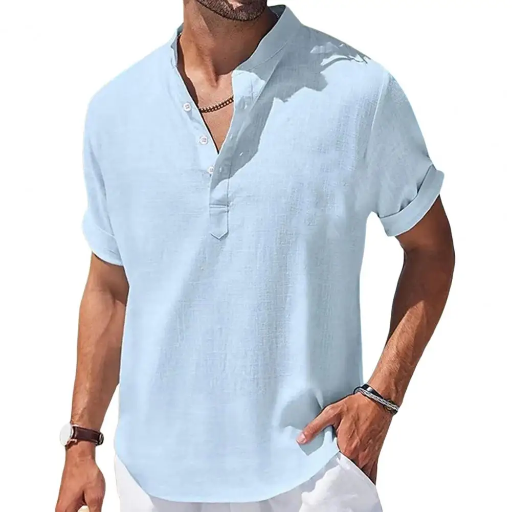 Men Shirt Loose-fit Stand Collar Men's Summer Shirt Simple Style Solid Color Mid-length Pullover for Office Daily Wear Men Daily
