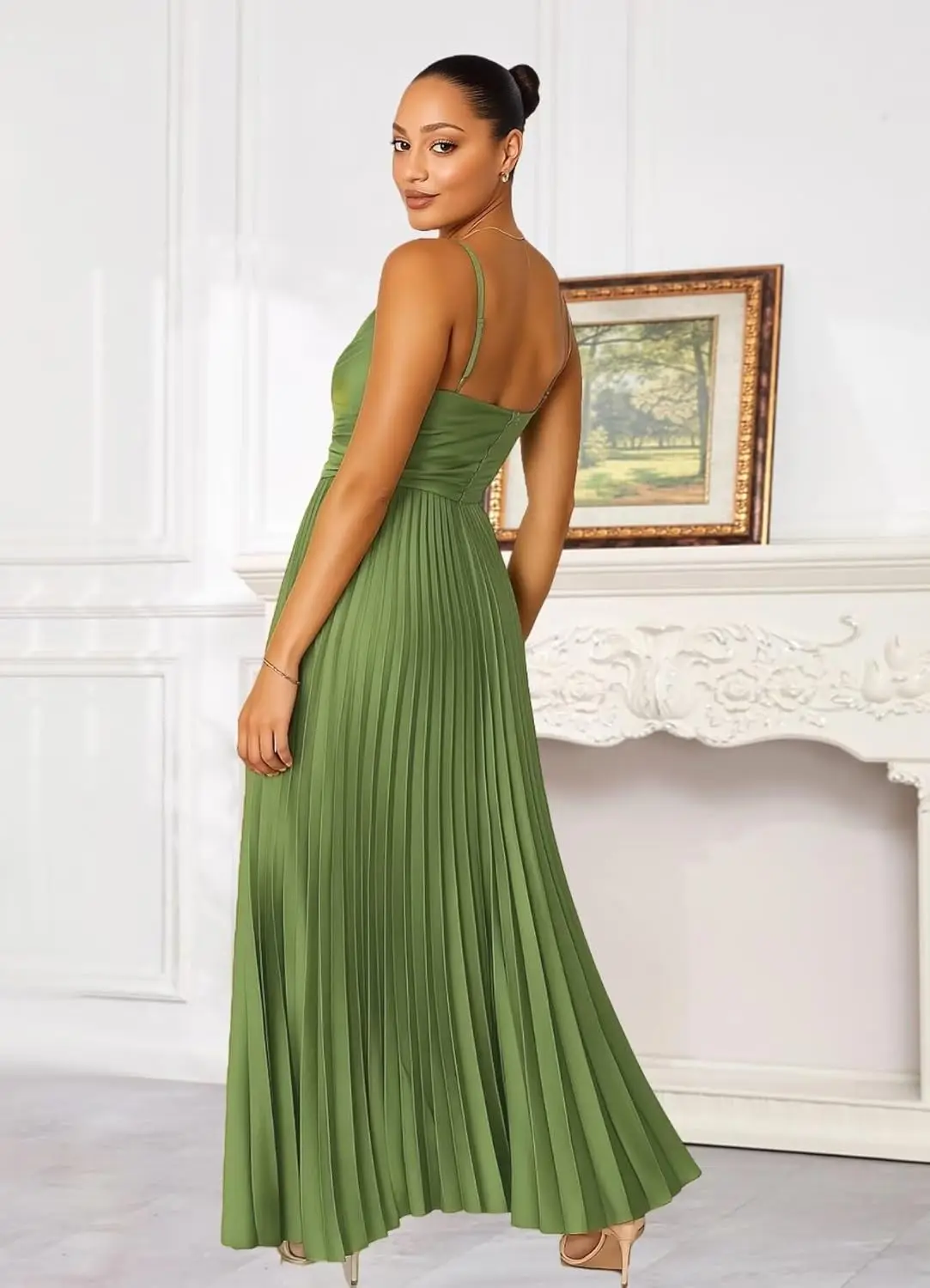 Vestidos de dama de honor de satén con plisado largo cuello en V tirantes finos vestido Formal vestido Formal mujer elegante vestido de fiesta de lujo