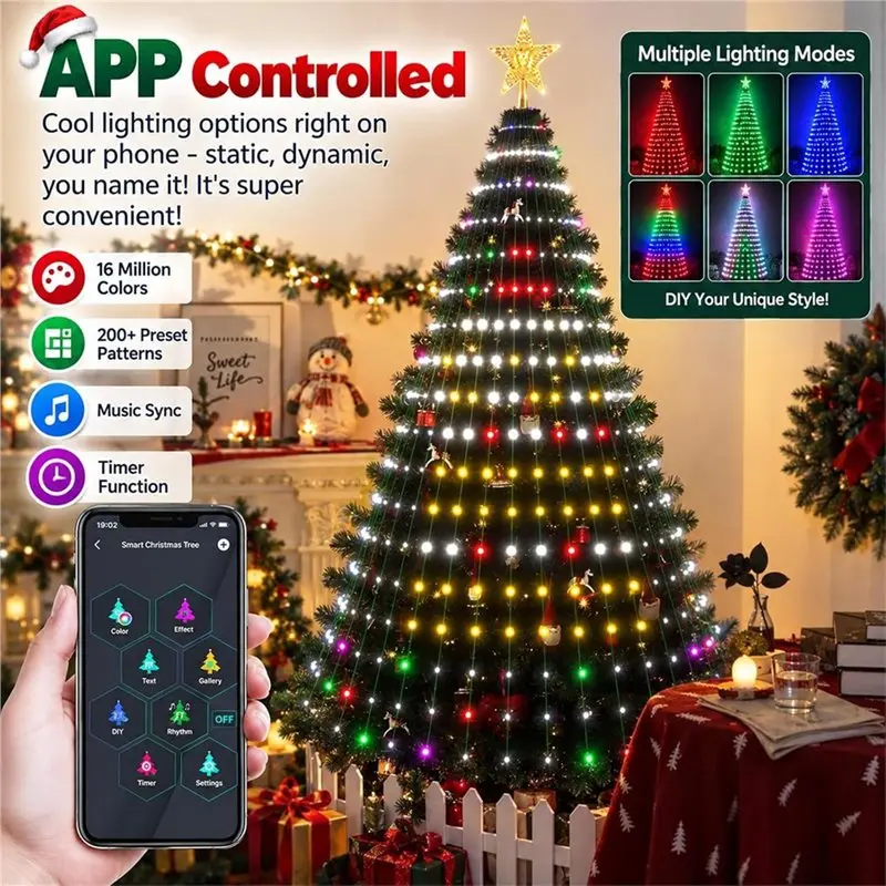 HOT-Smart Christmas Tree Lights Controllable Via Phone App 400 Addressable Leds USB String DIY Color Xmas Tree Lights 1.8M