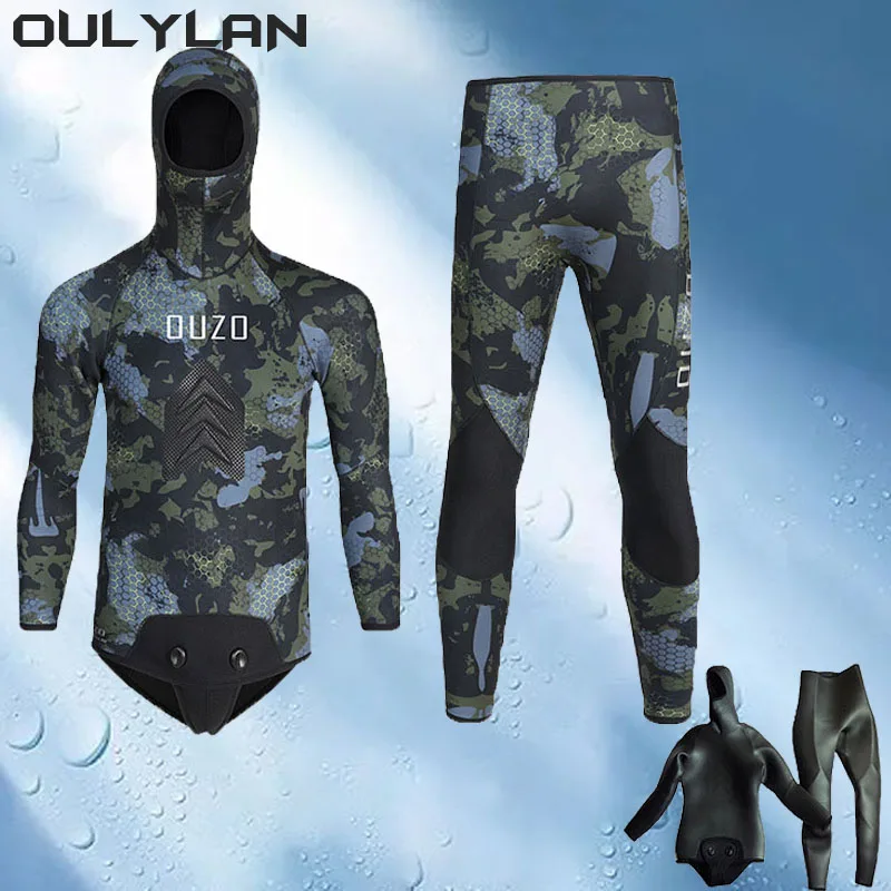 Oulylan Camouflage Wetsuit 5MM Long Sleeve Fission Hooded 2 Pieces Of Neoprene Submersible Men Keep Warm Scuba Diving Suit