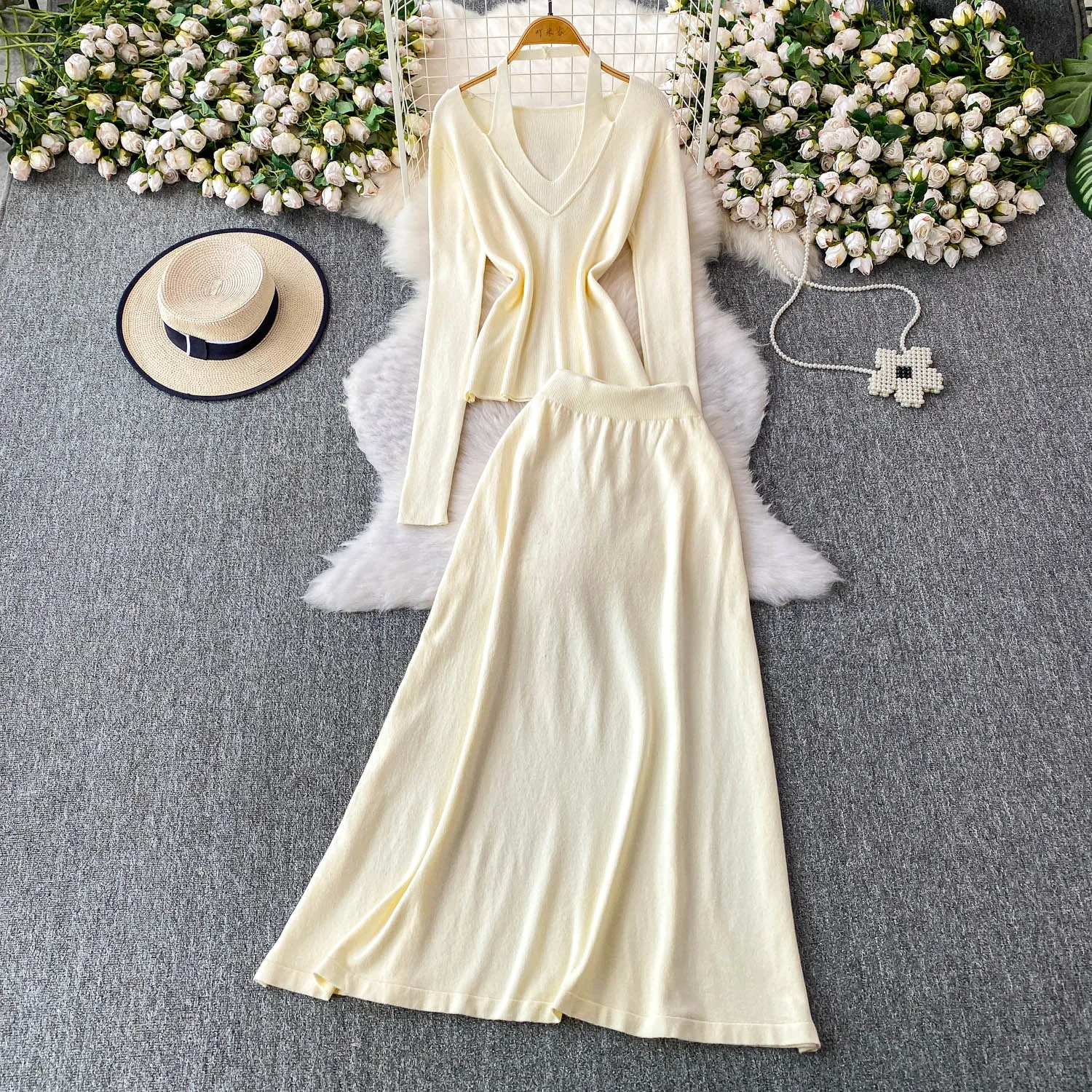 

Sexy chic Fake two-piece Knit long sleeve dress Chic Vintage Women Casual High Street women clothing