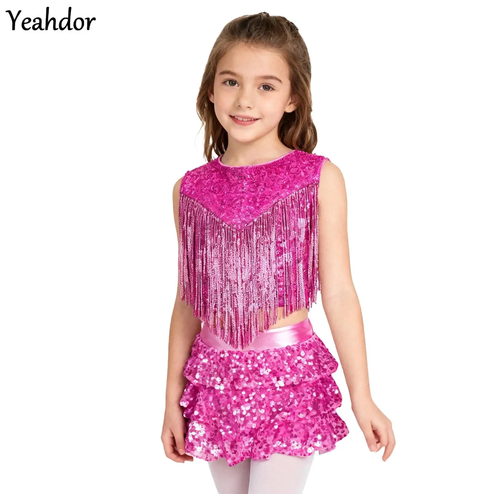 

Girls 70S Disco Costume Jazz Dance Outfit Metallic Sequin Tassels Crop Top with Tiered Skirted Shorts Culottes Cheerleading Sets