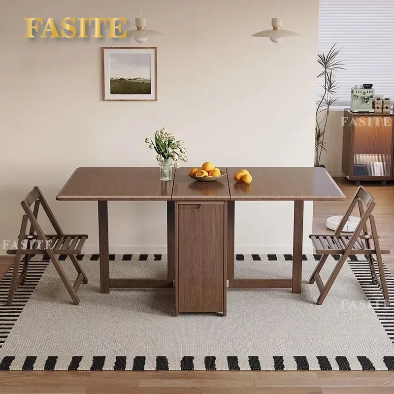 For Solid Wood Folding Dining Table Rectangular Telescopic Extendable Kitchen Restaurant Furniture Space Saving Design for