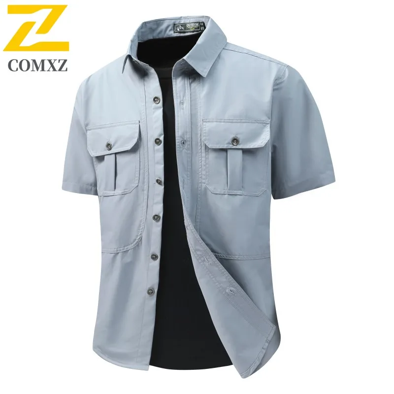 

COMXZ Summer Short Sleeve Shirt Men 2026 Casual Retro Pure Cotton Pocket Cargo Shirts Outdoor Working Fishing Thin T-Shirt Tops