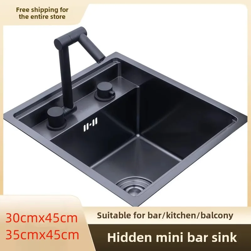Kitchen 304 Stainless Steel Hidden Small Single Slot Sink, Island Bar with Cover, Invisible Folding Faucet Sink