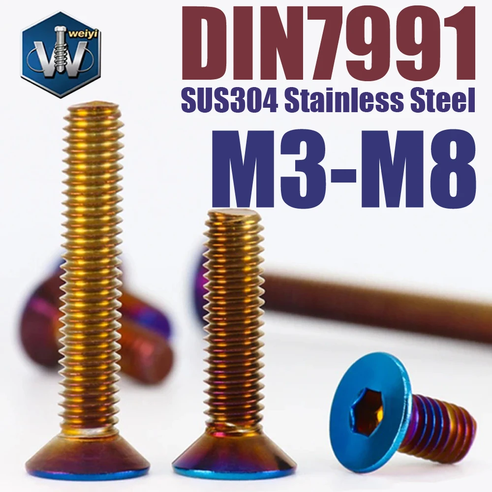 Weiyi M3 M4 M5 M6 M8 DIN7991 Senkkopfschrauben mit Innensechskant SUS304 Edelstahl, blau gebrannt beschichtet, flache Inbusschraube – Detail 1