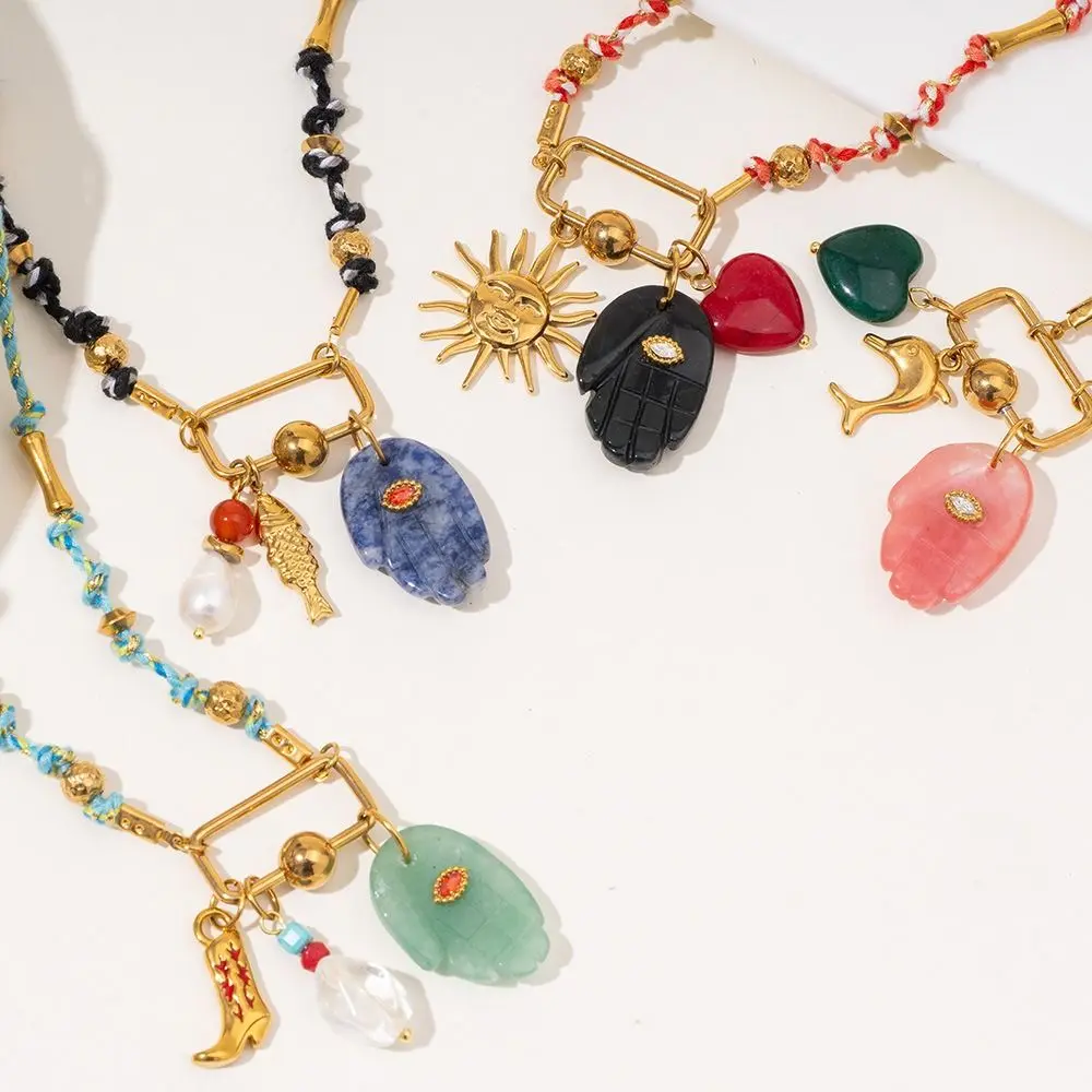 

Elegant Bohemian Titanium Steel Necklace Colorful Crystal Beads Pendant Necklace Collarbone Chain Jade Beach Necklace Summer