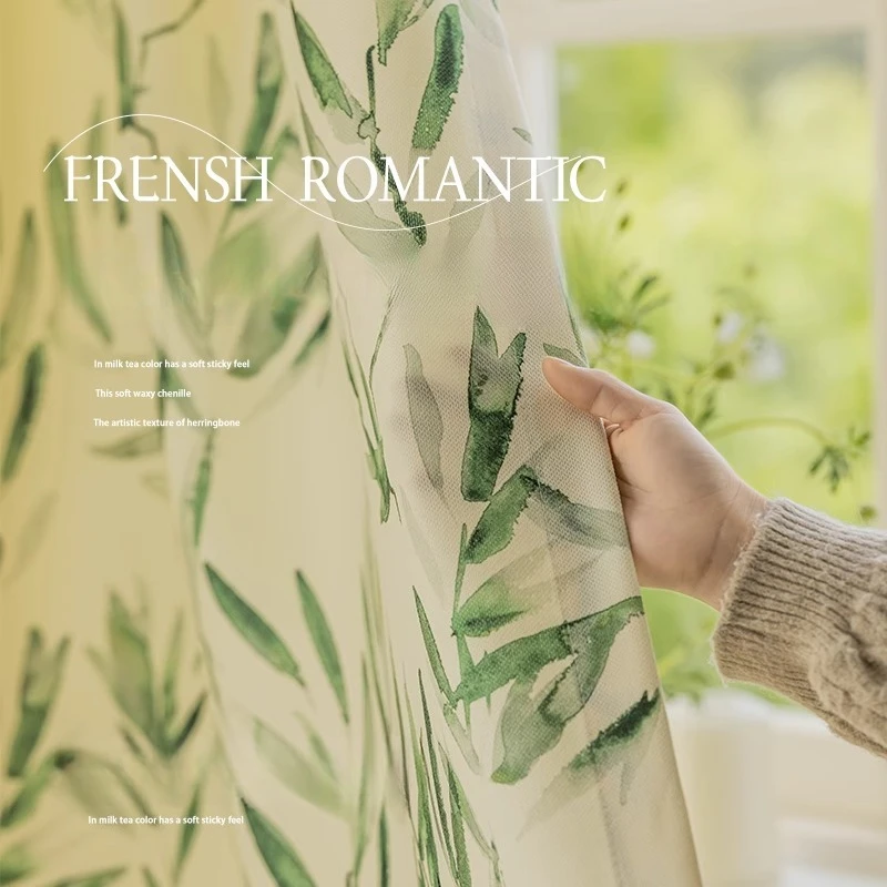 

Light Luxury New Fresh Green Bamboo Floral Cotton Cloth Curtain Printing Bedroom Living Room Bay Window Balcony Custom Curtain