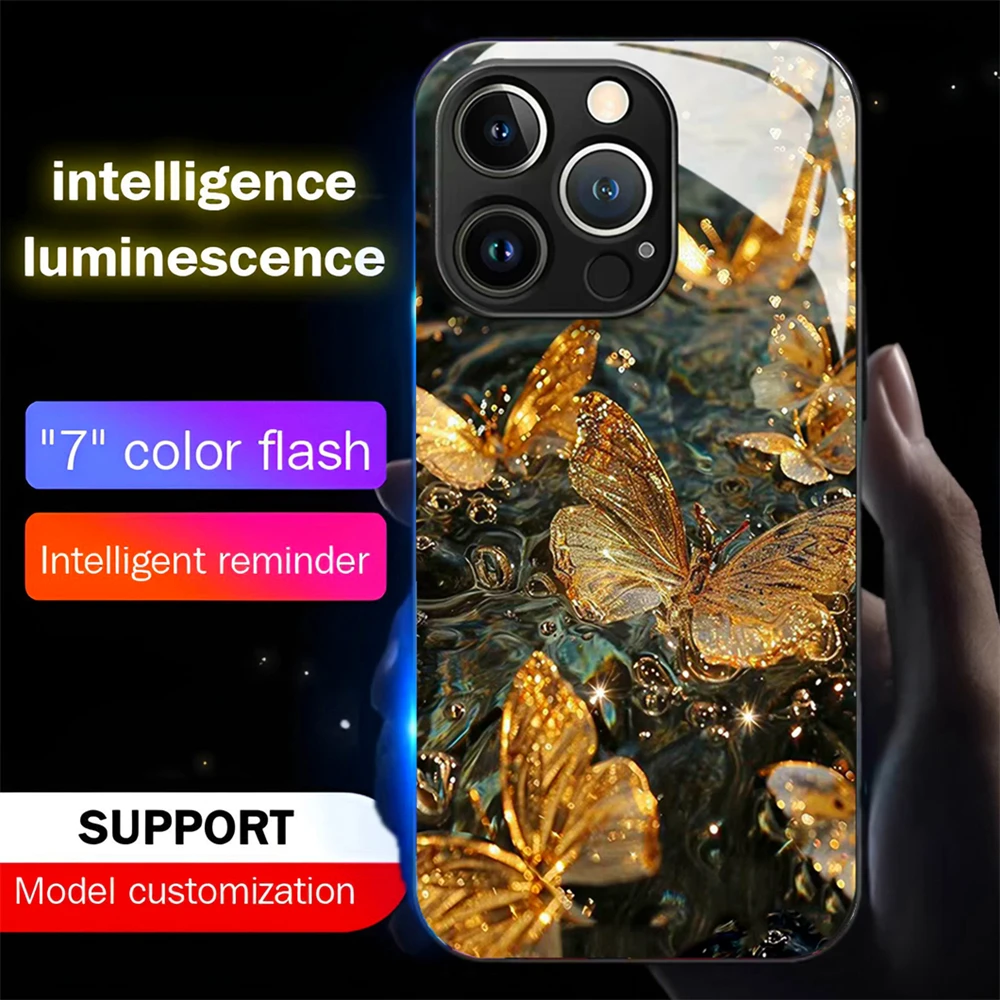 

Luxury Golden Butterfly Smart LED Light Glow Tempered Glass Phone Case For Samsung S26 S25 S24 S23 S22 S21 Plus Ultra