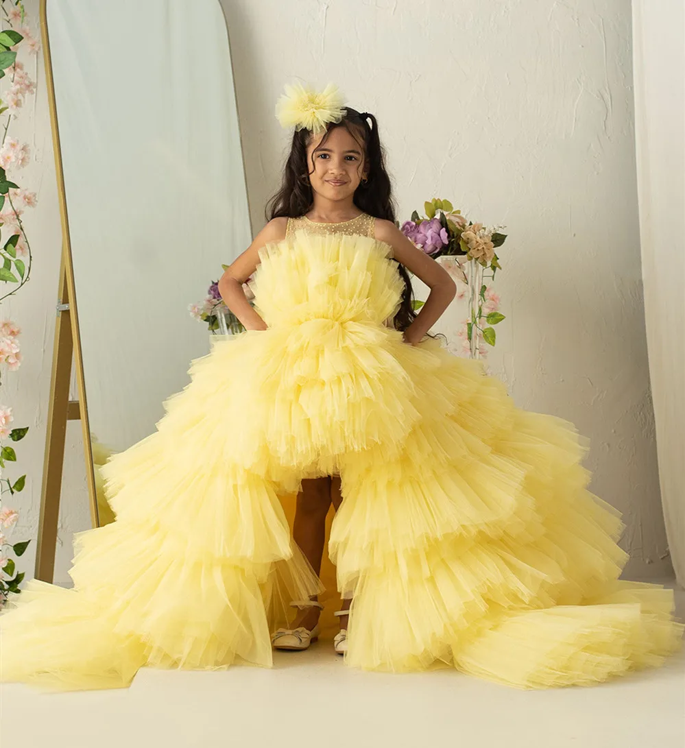 Cute Customized Girls Birthday Party Gown Layers Tulle Long Train First Communion Dresses Prom Gown