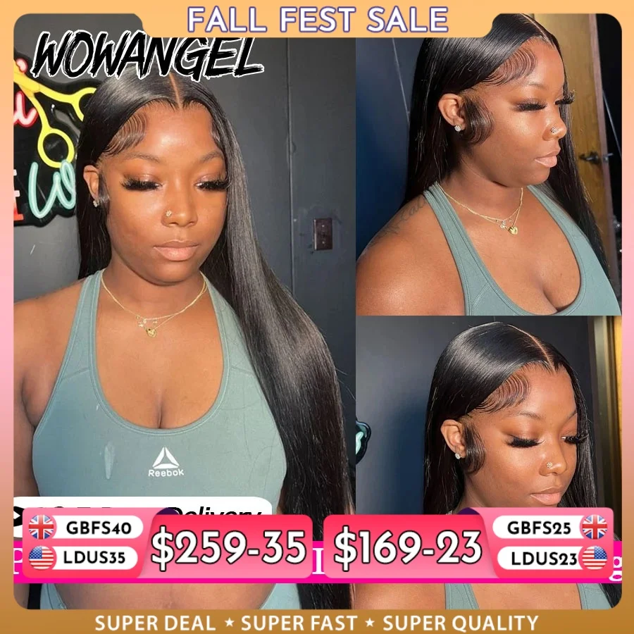WowAngel 250% Pre Gebleekte 13x6 HD Lace Front Pruiken 34in Lijmloze Rechte Menselijk Haar Pruiken Pre geplukt Braziliaans Haar Voor Vrouwen