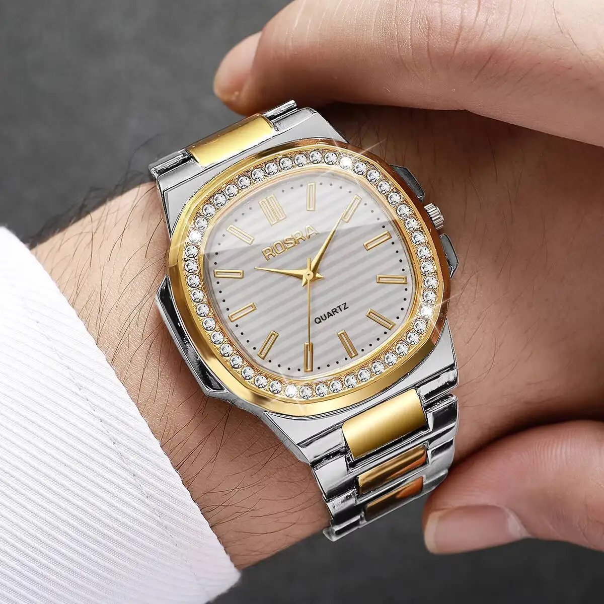 럭셔리 라인스톤 남성 비즈니스 시계 패션 스퀘어 다이얼 스틸 밴드 남성용 쿼츠 손목시계 Reloj Hombre(박스 없음)