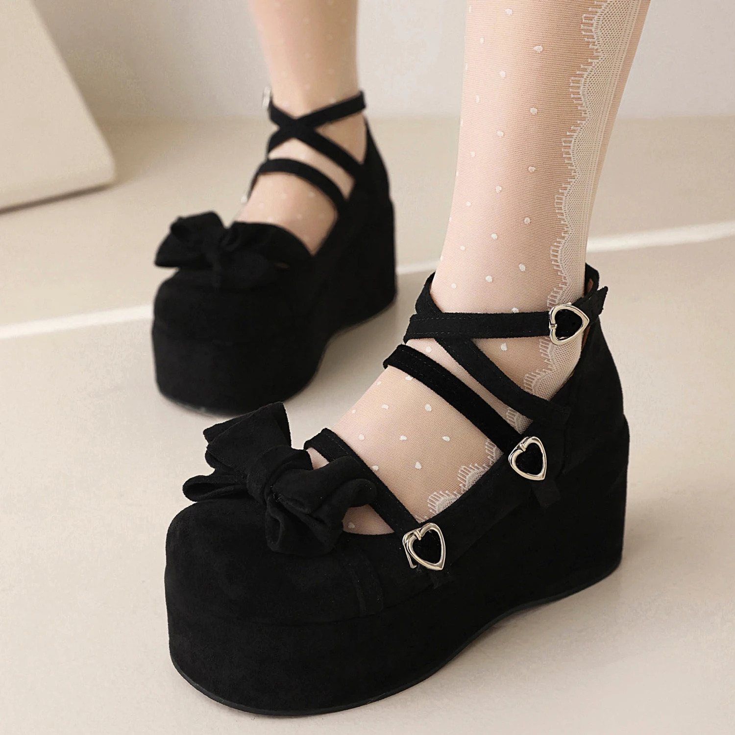 

BigSize Lolita Girls Candy Color Comfortable Mary Janes Shoes Bowtie Lace Ruffles Platform High Heel Cosplay Women Pumps