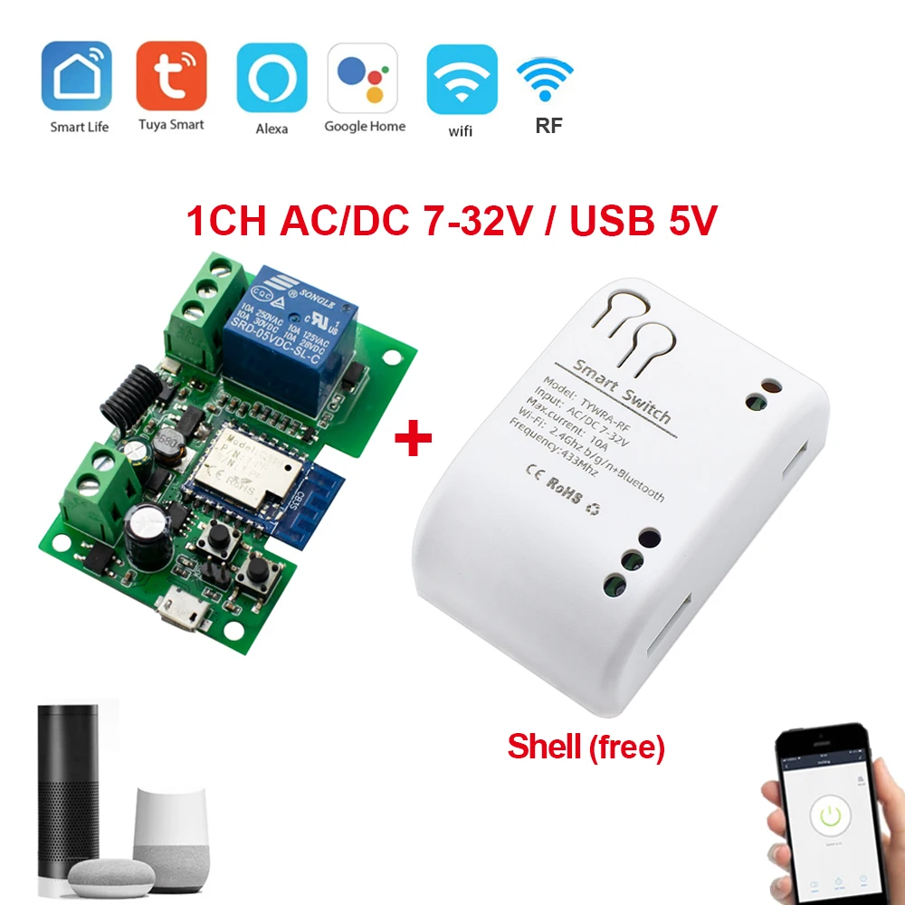 Tuya Smart Switch 4/2/1 Channel Wifi Relay Rolling Door Switch DC AC 12V 24V 220V Motor Curtain Switch Inching Self-locking