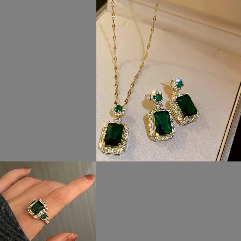 

High Quality Dark Green Rectangle Stone Jewelry Sets For Party Wedding Fashion Accessory
