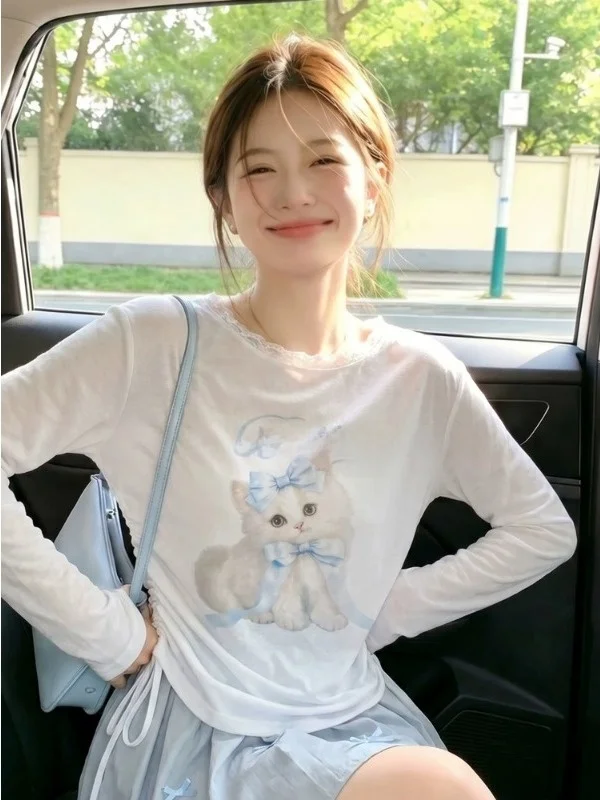 Summer New Style Women's Long Sleeve Printed Lace  Thin Sunshade Cover up T-Shirt Korean Style Loose Fit UV Protection