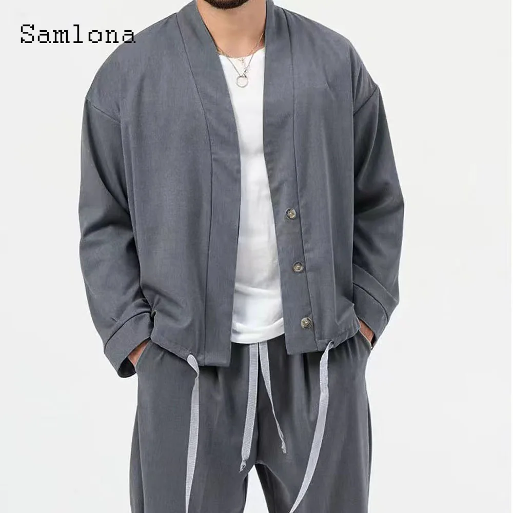 Plus Size Mens Casual Kimono Two Piece Sets 2024 Harajuku Basic Tops and Solid Drawstring Pants Suit Male Vintage Tracksuits Set