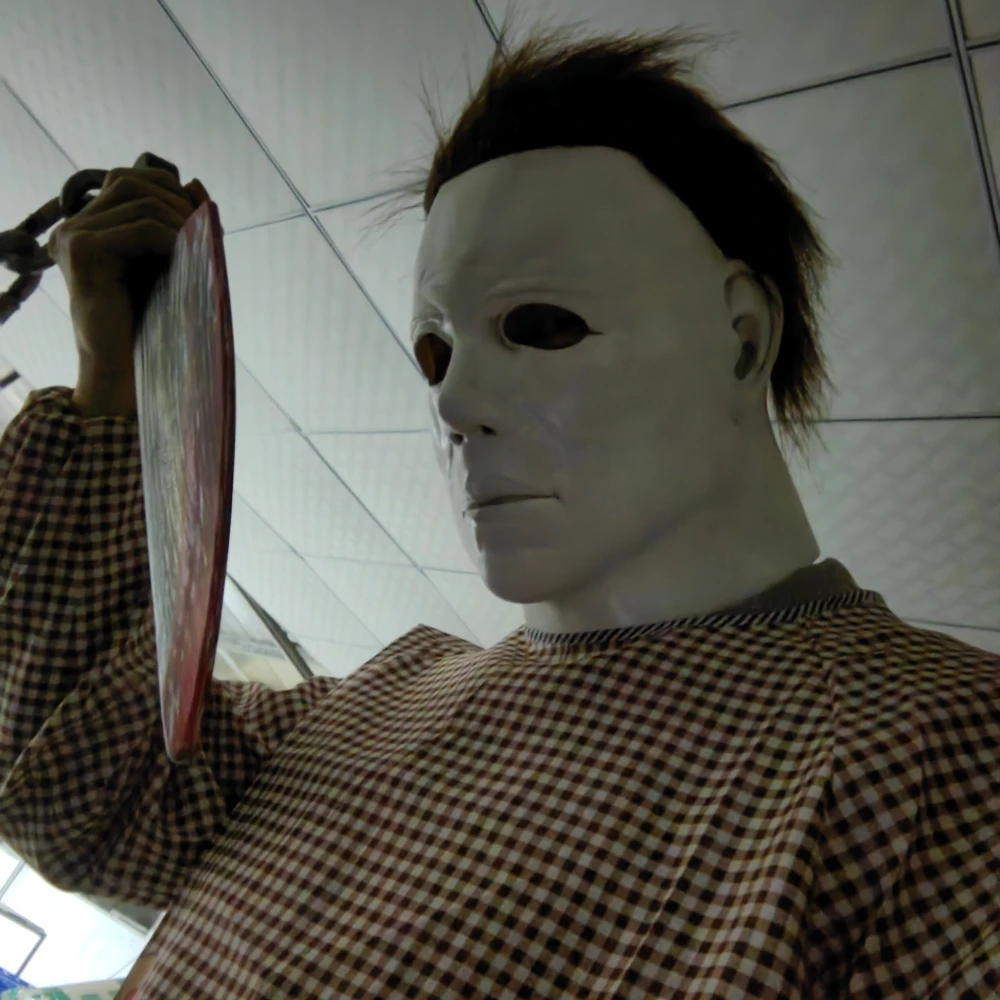 Branco Michael Myers Máscara Cosplay, Látex Capacete Rosto Inteiro, Festa de Carnaval, Cabeça Adereços, Halloween Horror, Sangrento Demônio Assassino