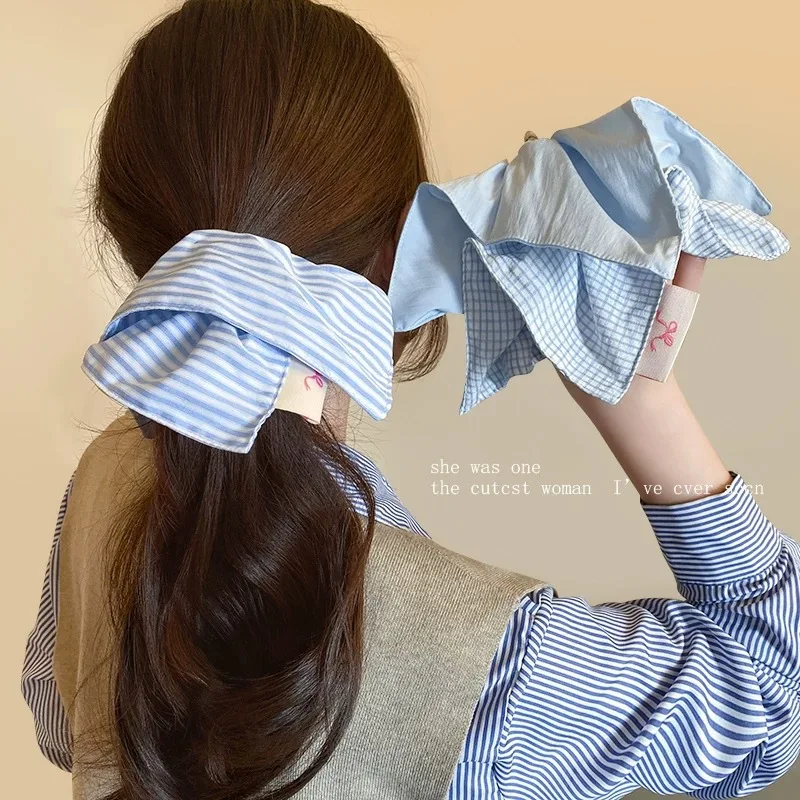 Simple Blue Striped Checkered Square Scarf Scrunchie, Elegant and Sophisticated Ponytail Hair Tie, Effortlessly Chic Hair Tie. view 2