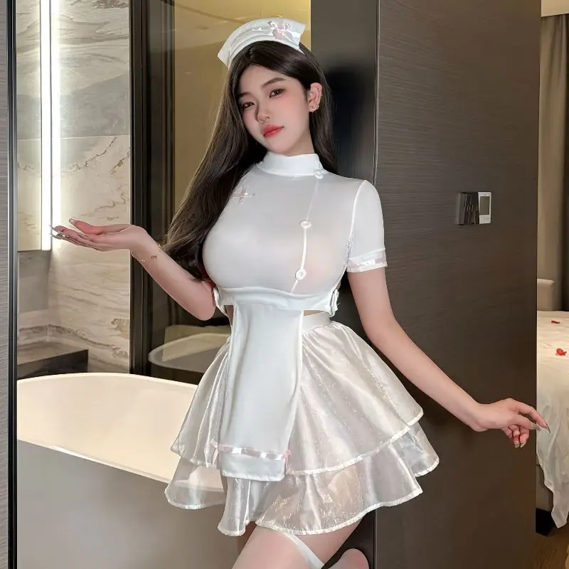 Sexy Lingerie Nurse Uniform Collocation White Dress See Through Bow Trim Nurse Headband White Pantyhose Passion Night Gift