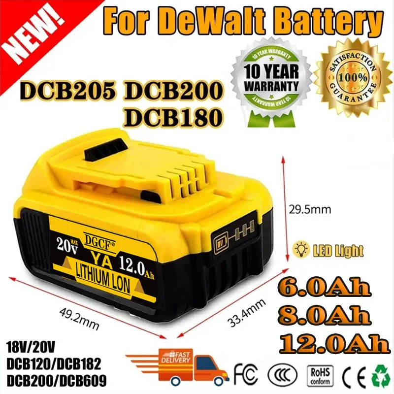 

20V 6Ah 8Ah 12Ah DCB200 Replacement Li-ion Battery for DeWalt DCB205 DCB201 power Tool set 20Volt 20v Batteries 12000mah Battery