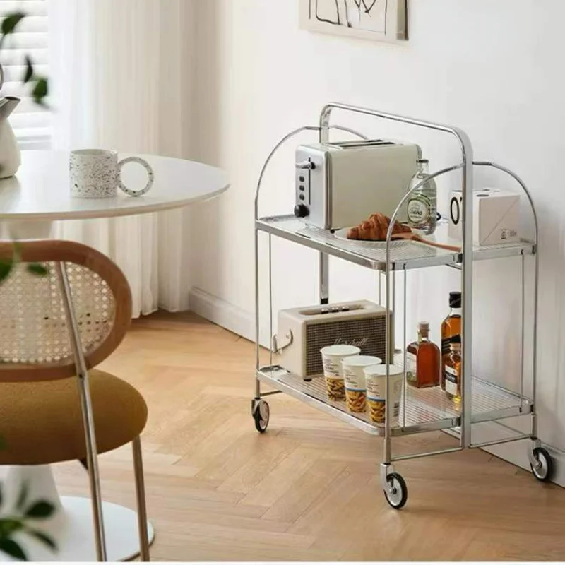 Dining Car Trolley Home Kitchen Bar Wheel Table Foldable Side Table Living Room Bedroom Mobile Shelf Transparent Glass Furniture