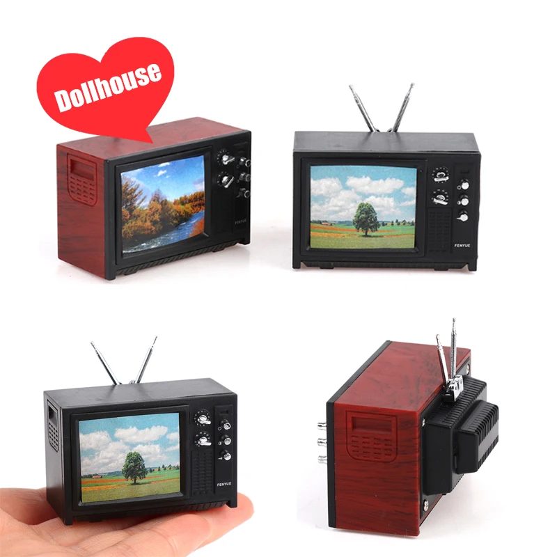 1Pc 1:12 인형 집 미니어처 텔레비전 빈티지 TV 그림이 있는 거실 침실 가구 모델 장식 장난감
