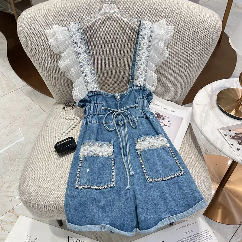 

Summer New Denim Overalls Women Shorts High Quality Beads Ruffles Jean Short Pants Women's Tight Waist Wide Leg Shorts Rompers ﻿