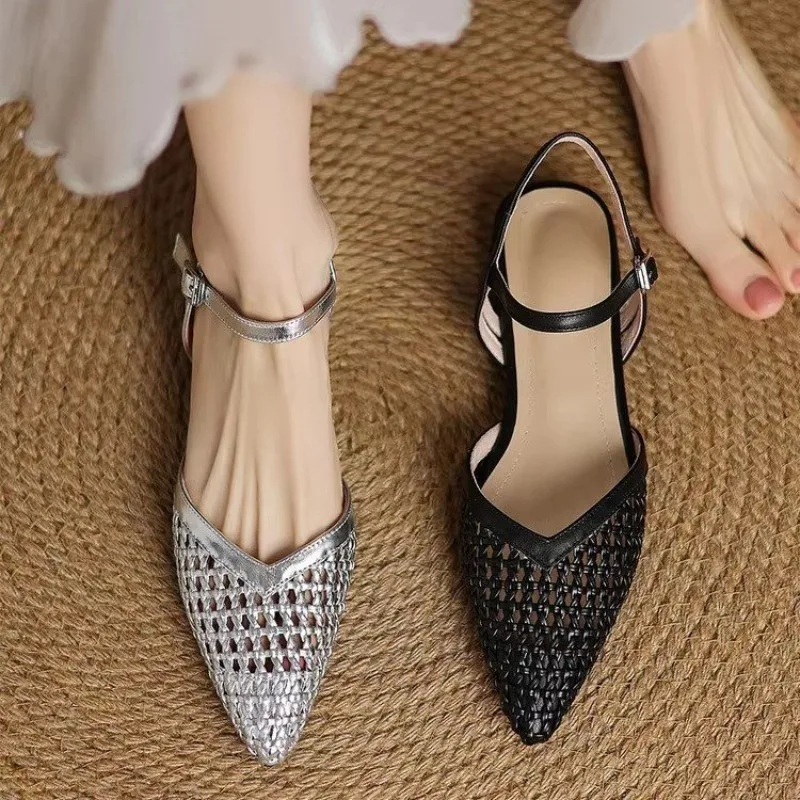 French Pointed-Toe Woven High-Heeled Sandals, Breathable Mesh Leather, Summer Fashionable Open-Toe Large-Size Women's Shoes