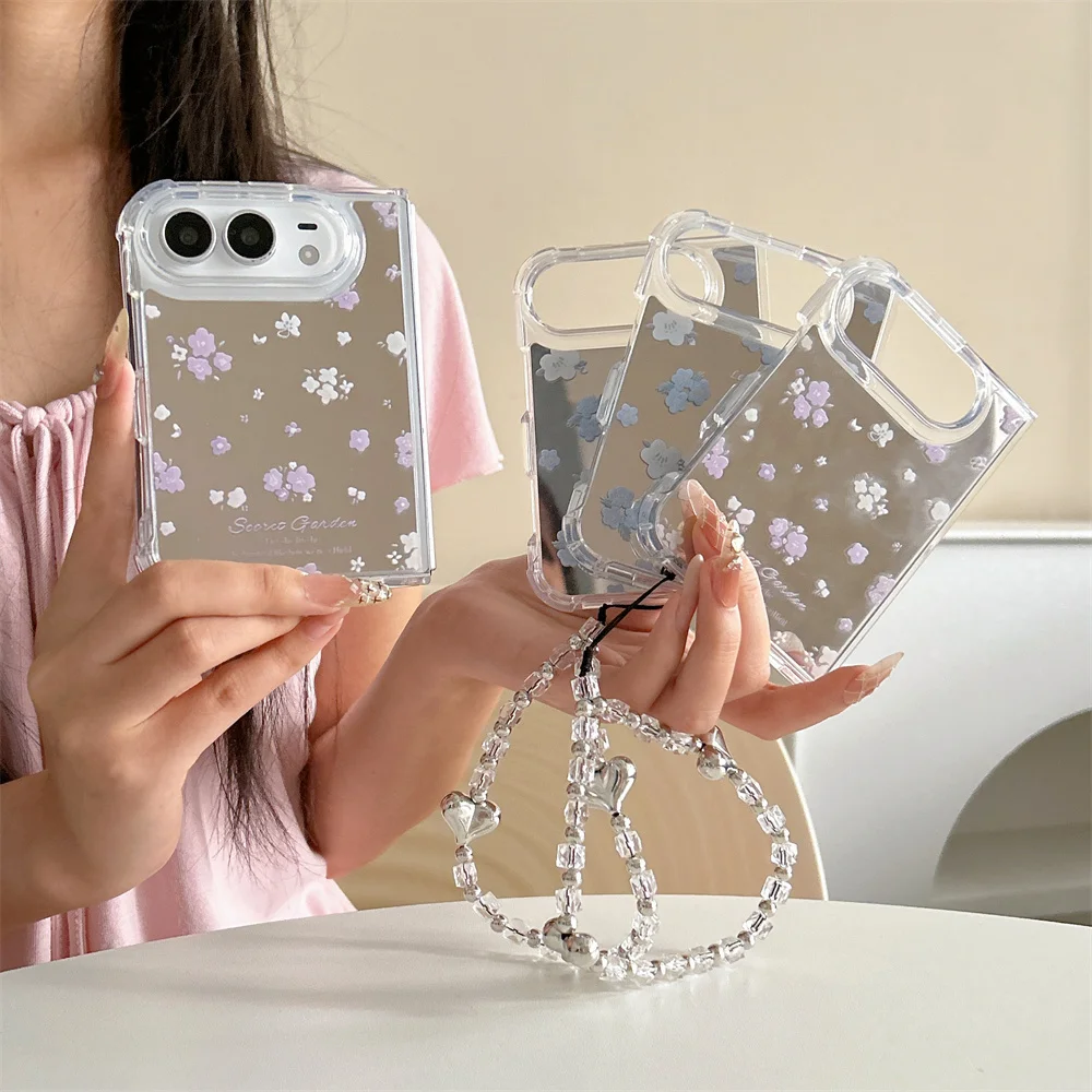 New Korea Ins Cartoon Mirror Floral print Phone Case For iPhone Duo Foldable Protective Cover Cute Cases Shockproof with Chain