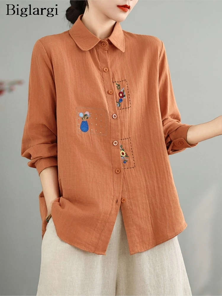 

Oversized Spring Summer Shirts Women Flower Embroidery Fashion Casual Loose Ladies Blouses Long Sleeve Woman Shirt