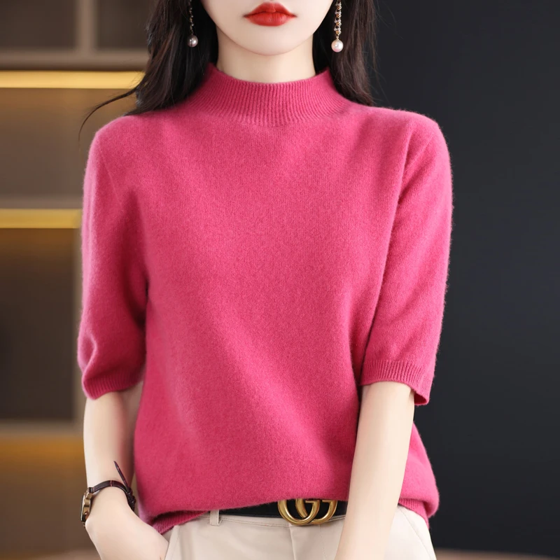 Fashion new ladies 100% Merino wool knitted half sleeve stand collar loose T-shirt