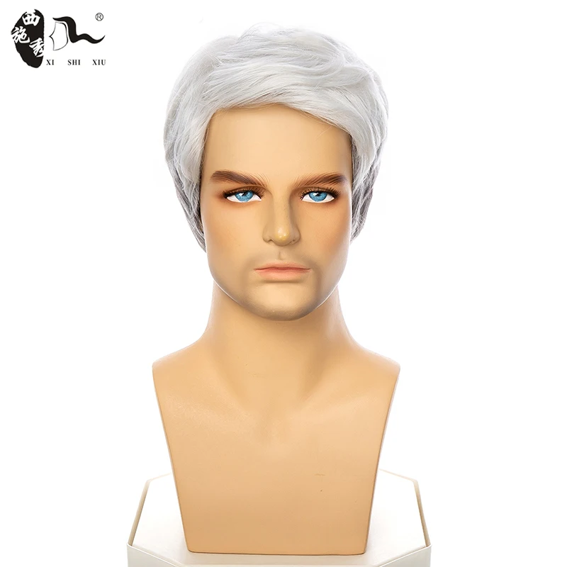 Short Ombre White Gray Synthetic Wig For Men Blanche Wig Male\'s Toupees Halloween Costume Older Man Natural Side Part Daily Wigs