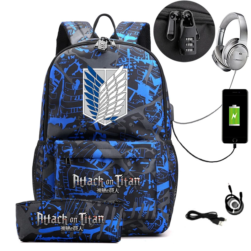 2pcs Attack on Titan Backpack USB Charge Waterproof Laptop Schoolbag For Teens Daypack High School Book Bag Mochilas