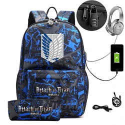 2pcs Ataque em Titan Mochila USB Carga À Prova D' Água Laptop Schoolbag Para Adolescentes Daypack High School Book Bag Mochilas