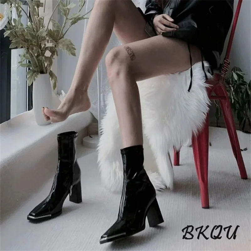 BKQU Explosive Temperament Short Boots Women Autumn Single Square Head Thin Thick Heel Boots Small High Heels Super Fire