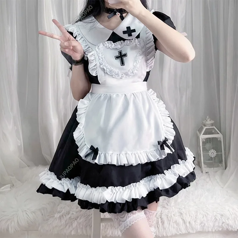 Japanese Anime Cross Maid Outfit Gothic Style Black or Sweet Fresh Pink Girl Lolita Anime Cosplay Maid Dress Kawaii Dress Lolita