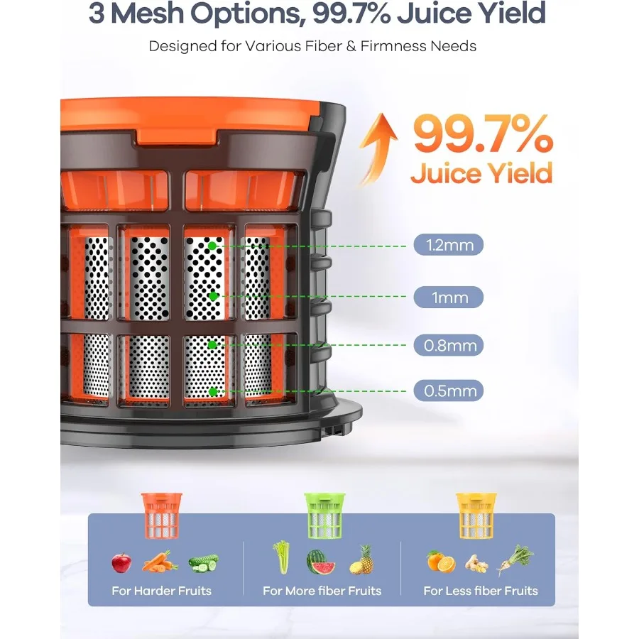 大きな投入口を備えたコールドプレスジューサーは、果物や野菜を丸ごと投入できるように設計されており、3つの機能を備えた低速咀嚼ジューシング技術を採用しています。